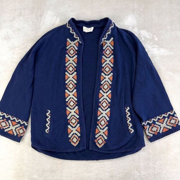 Lucy & Laurel Anthropologie Cardigan Womens S/M Blue Embroidered Boho Open Front - Picture 1 of 8